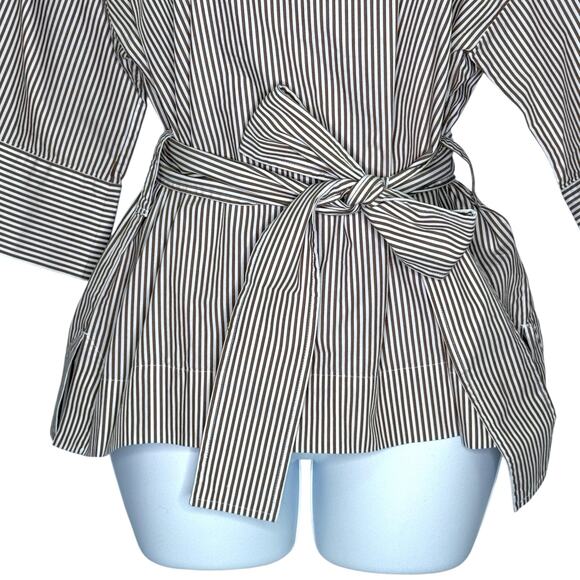 EVERLANE S Belted Poplin Block Sleeve Shirt Striped Taupe White Crisp Classic - Picture 5 of 10